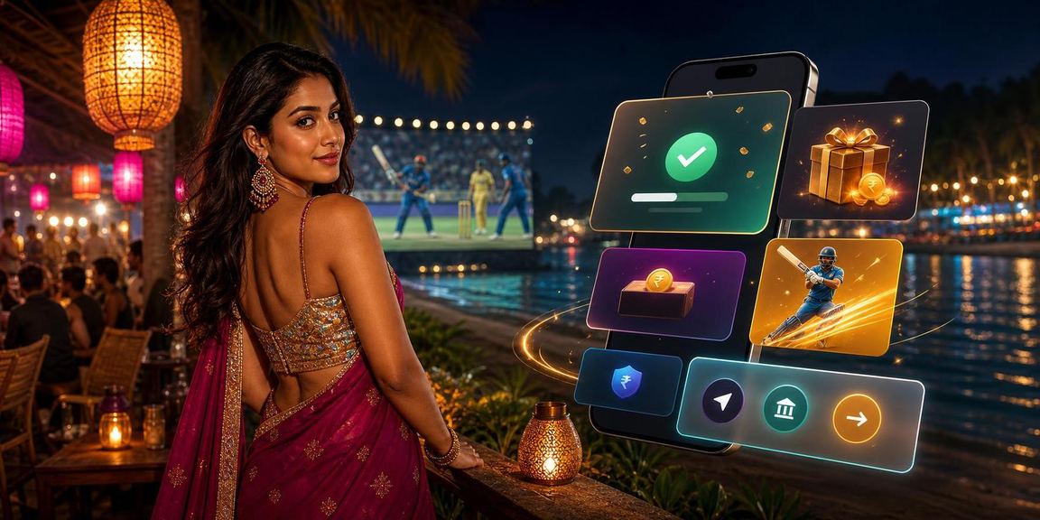 Player registering on mobile at scenic Goa beach